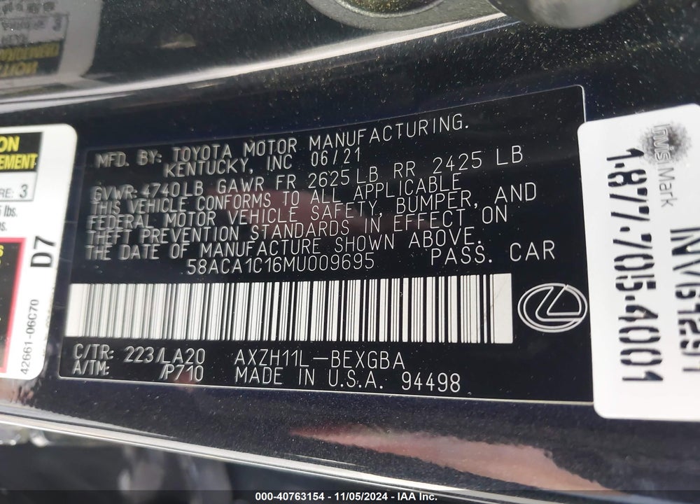 2021 LEXUS ES 300H VIN: 58ACA1C16MU009695