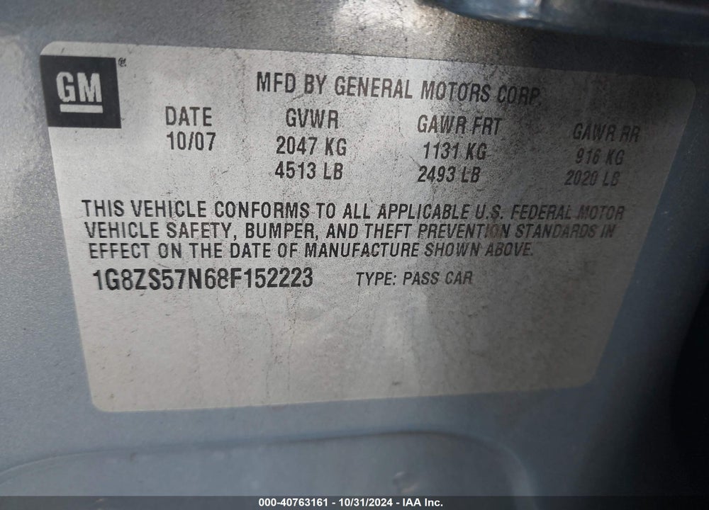 2008 SATURN AURA XE VIN: 1G8ZS57N68F152223