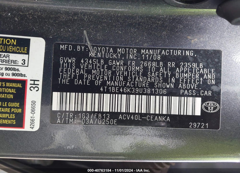 2009 TOYOTA CAMRY LE VIN: 4T1BE46K39U381306