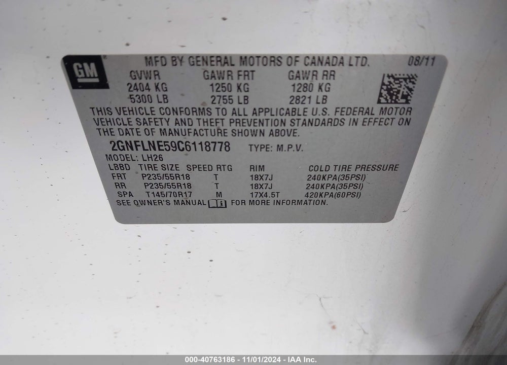 2012 CHEVROLET EQUINOX 2LT VIN: 2GNFLNE59C6118778