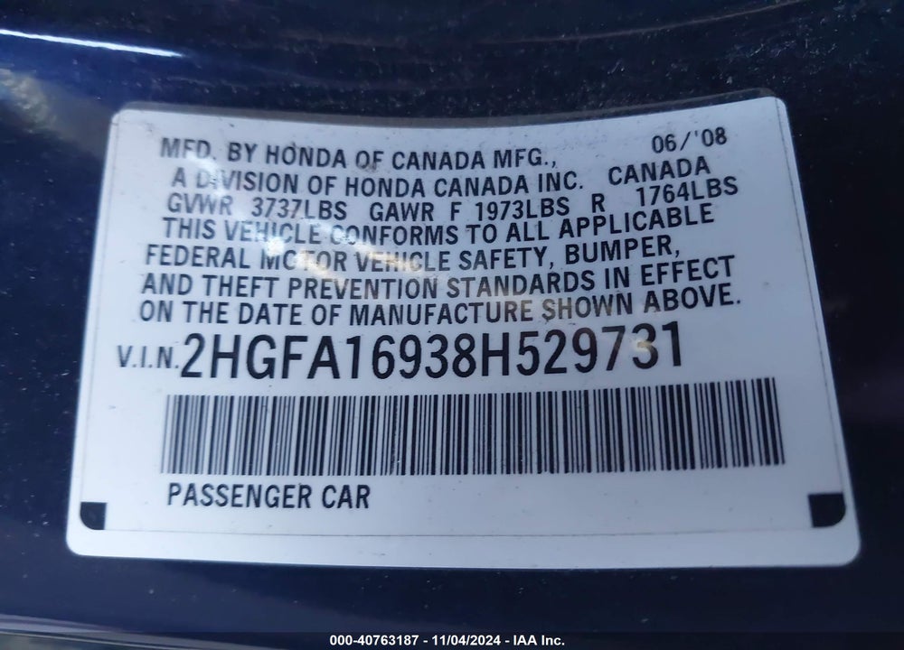 2008 HONDA CIVIC EX-L VIN: 2HGFA16938H529731