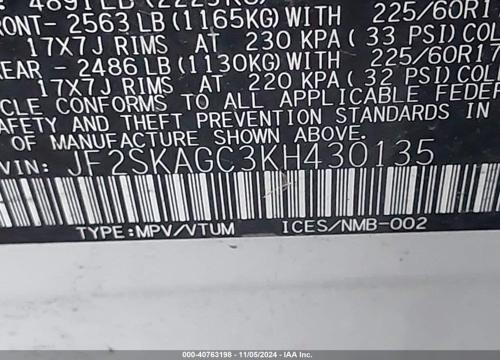 2019 SUBARU FORESTER PREMIUM VIN: JF2SKAGC3KH430135