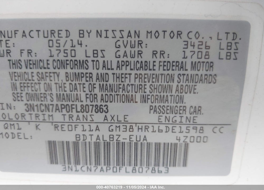 2015 NISSAN VERSA 1.6 SV VIN: 3N1CN7AP0FL807863