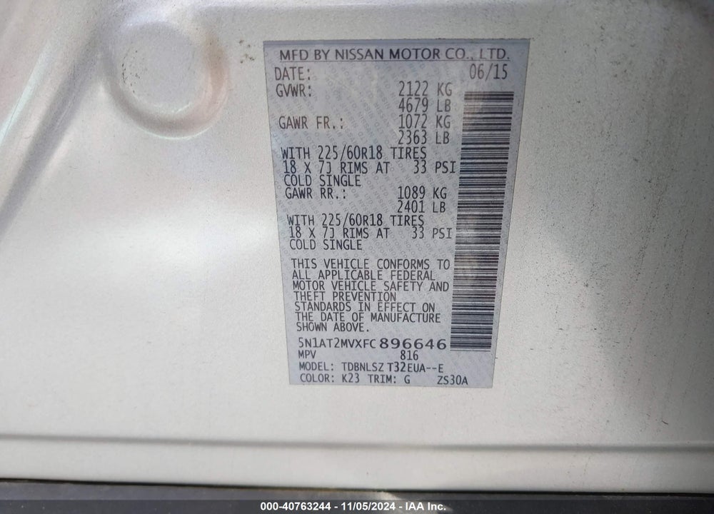 2015 NISSAN ROGUE SL VIN: 5N1AT2MVXFC896646
