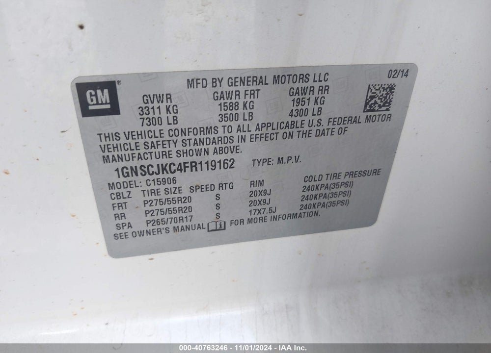 2015 CHEVROLET SUBURBAN 1500 LT VIN: 1GNSCJKC4FR119162