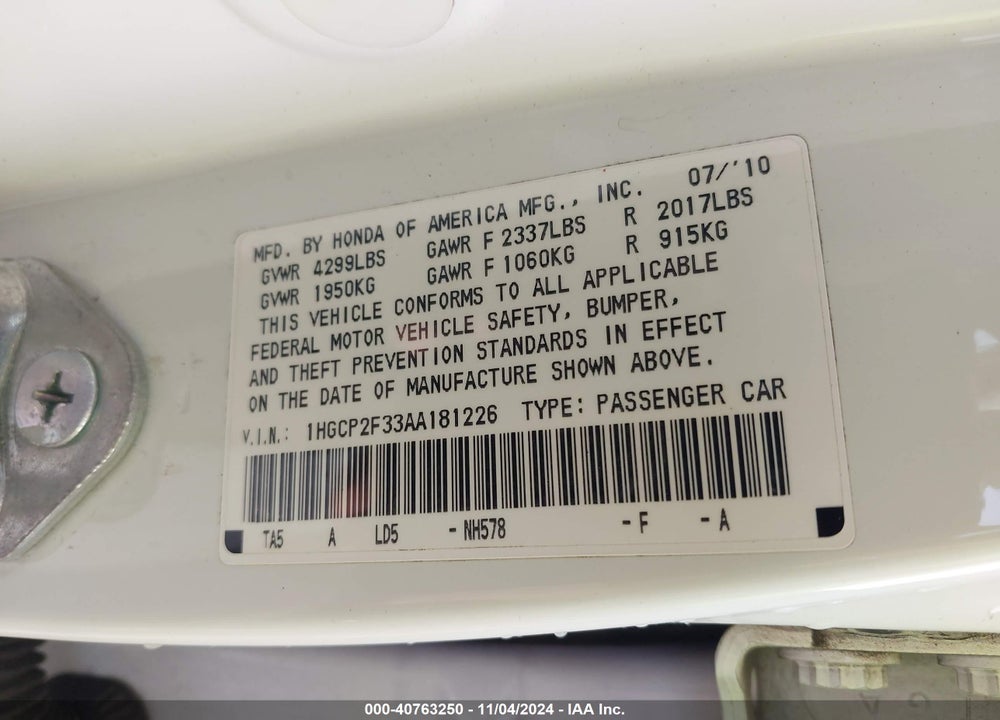 2010 HONDA ACCORD 2.4 LX VIN: 1HGCP2F33AA181226