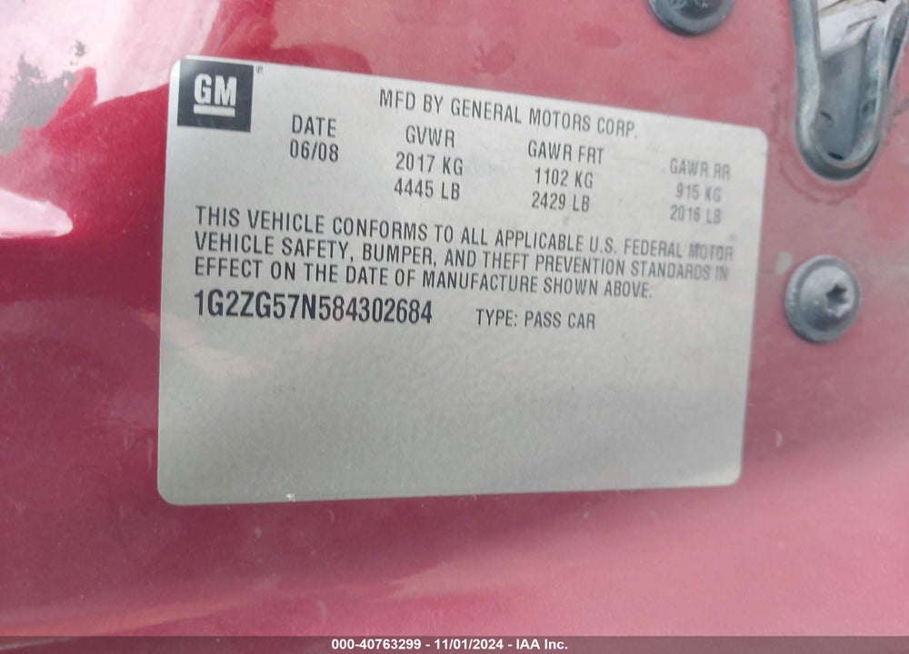 2008 PONTIAC G6 VIN: 1G2ZG57N584302684