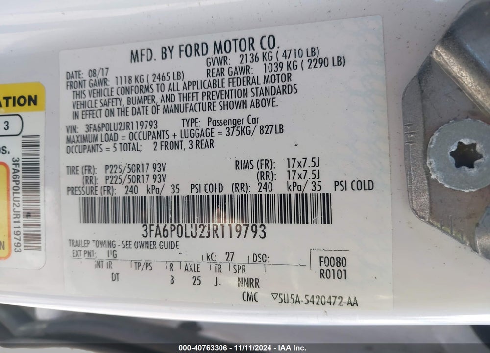 2018 FORD FUSION HYBRID SE VIN: 3FA6P0LU2JR119793