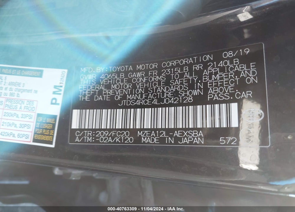 2020 TOYOTA COROLLA SE VIN: JTDS4RCE4LJ042128