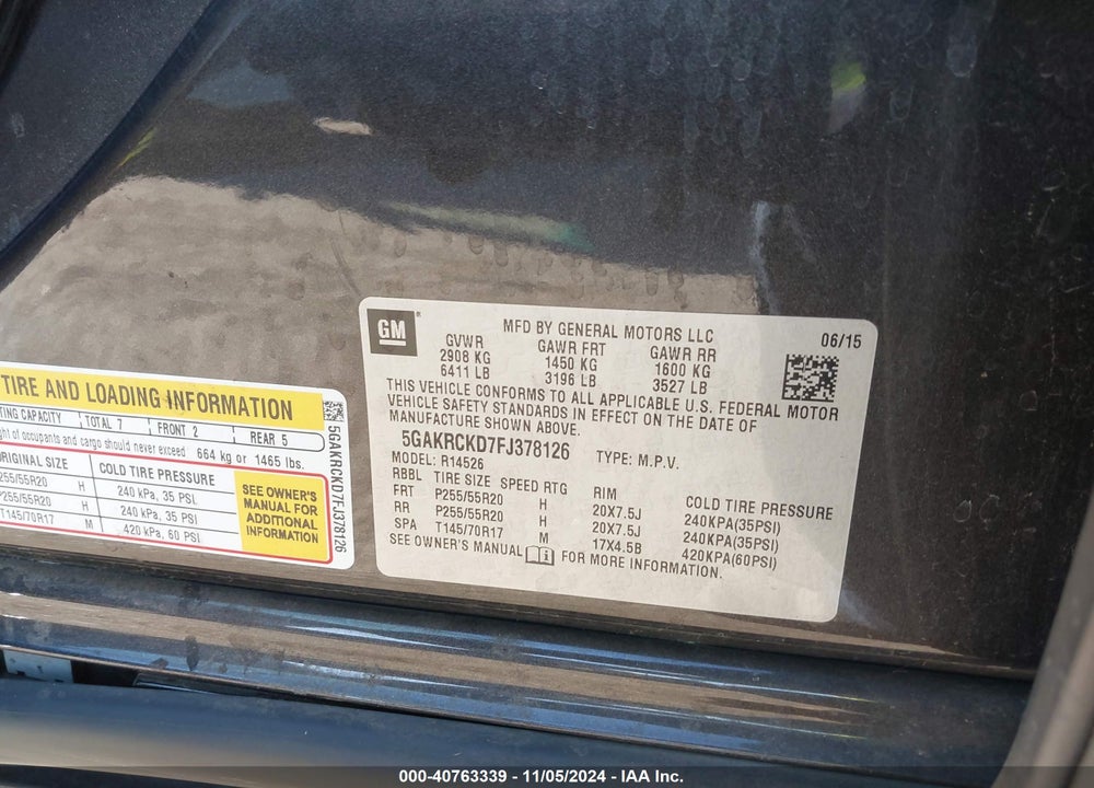 2015 BUICK ENCLAVE PREMIUM VIN: 5GAKRCKD7FJ378126