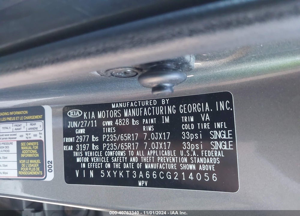 2012 KIA SORENTO LX VIN: 5XYKT3A66CG214056