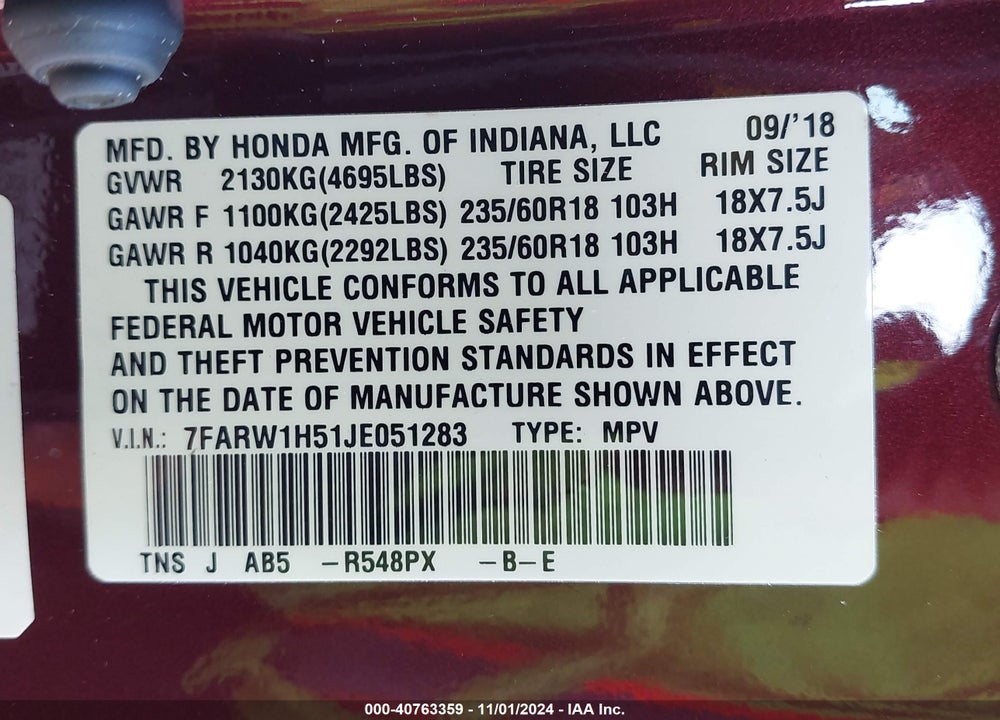 2018 HONDA CR-V EX VIN: 7FARW1H51JE051283
