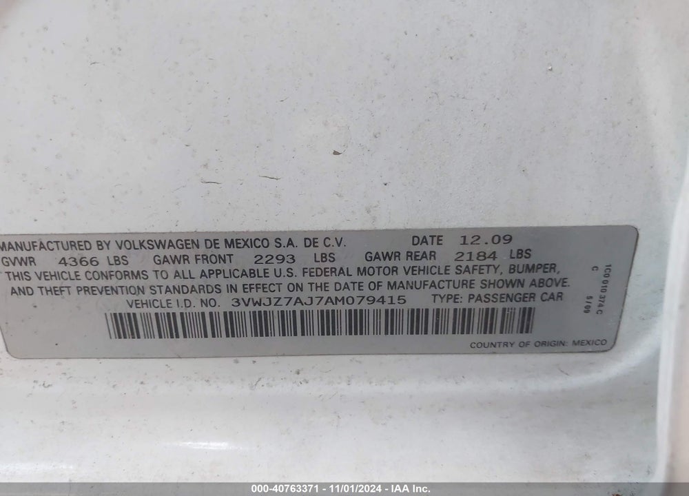 2010 VOLKSWAGEN JETTA S VIN: 3VWJZ7AJ7AM079415