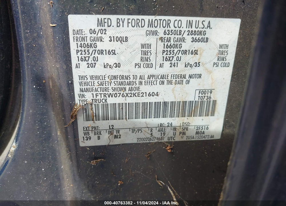2002 FORD F-150 LARIAT/XLT VIN: 1FTRW076X2KE21604