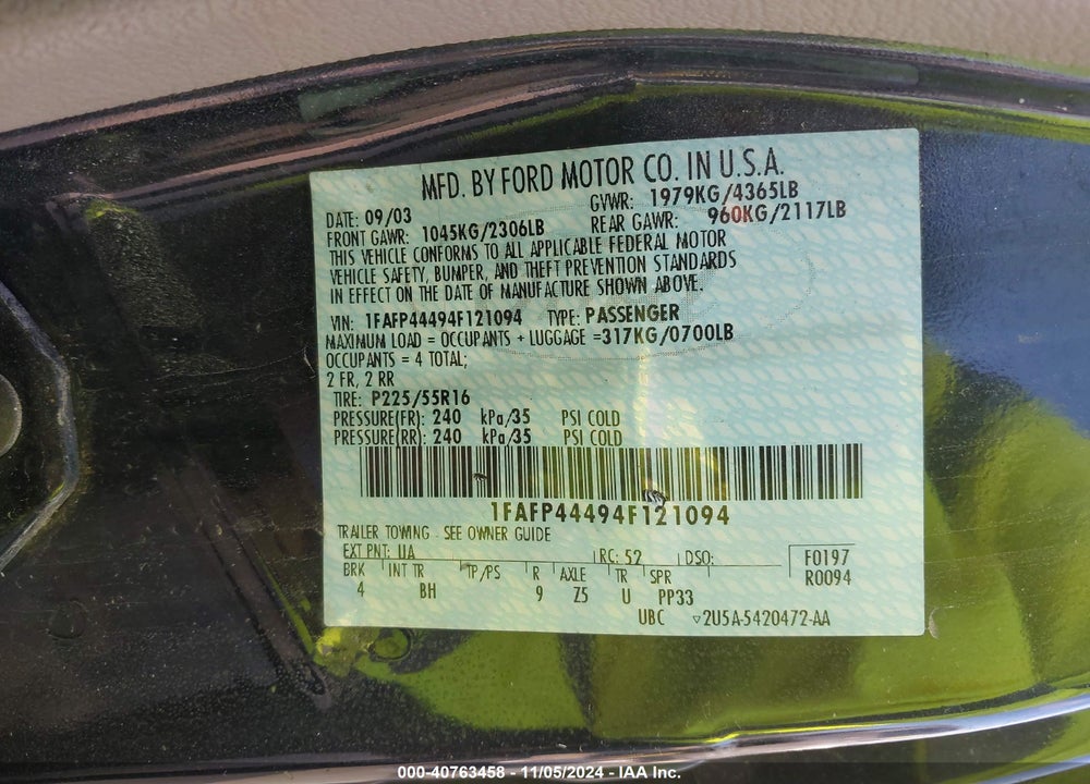 2004 FORD MUSTANG DELUXE VIN: 1FAFP44494F121094