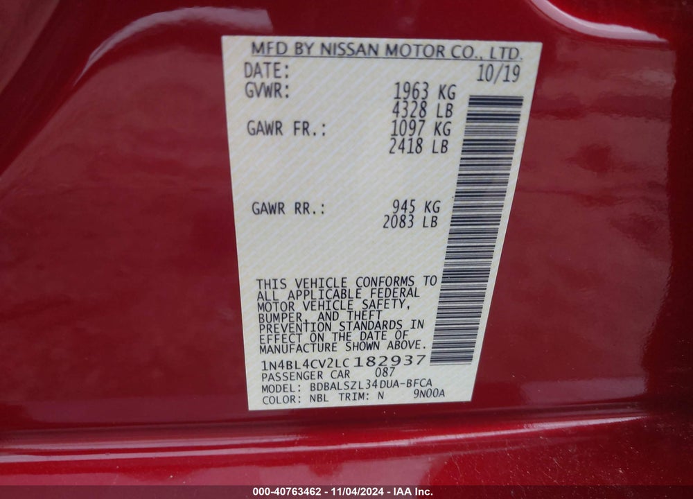 2020 NISSAN ALTIMA SR FWD VIN: 1N4BL4CV2LC182937