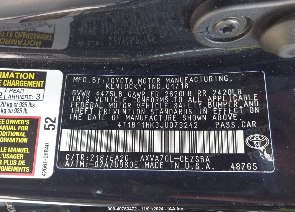 2018 TOYOTA CAMRY SE VIN: 4T1B11HK3JU073242