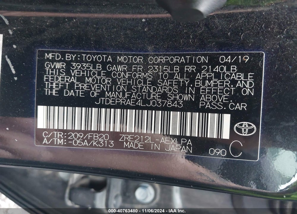 2020 TOYOTA COROLLA LE VIN: JTDEPRAE4LJ037843