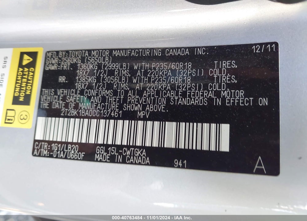 2012 LEXUS RX 350 VIN: 2T2BK1BA0CC137461