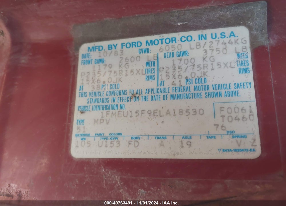 1984 FORD BRONCO U100 VIN: 1FMEU15F9ELA18530