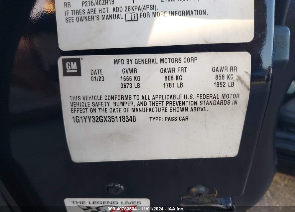 2003 CHEVROLET CORVETTE VIN: 1G1YY32GX35118340