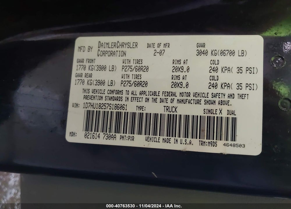 2007 DODGE RAM 1500 SLT/TRX4 OFF ROAD/SPORT VIN: 1D7HU18257S186061