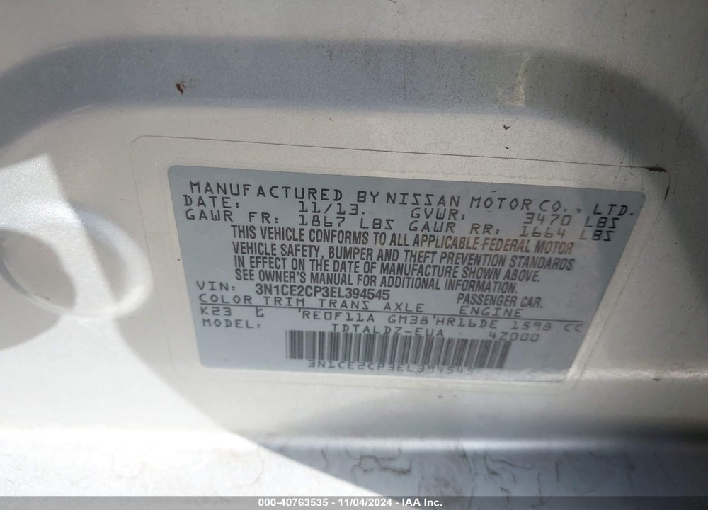 2014 NISSAN VERSA NOTE S (SR)/S PLUS/SV VIN: 3N1CE2CP3EL394545