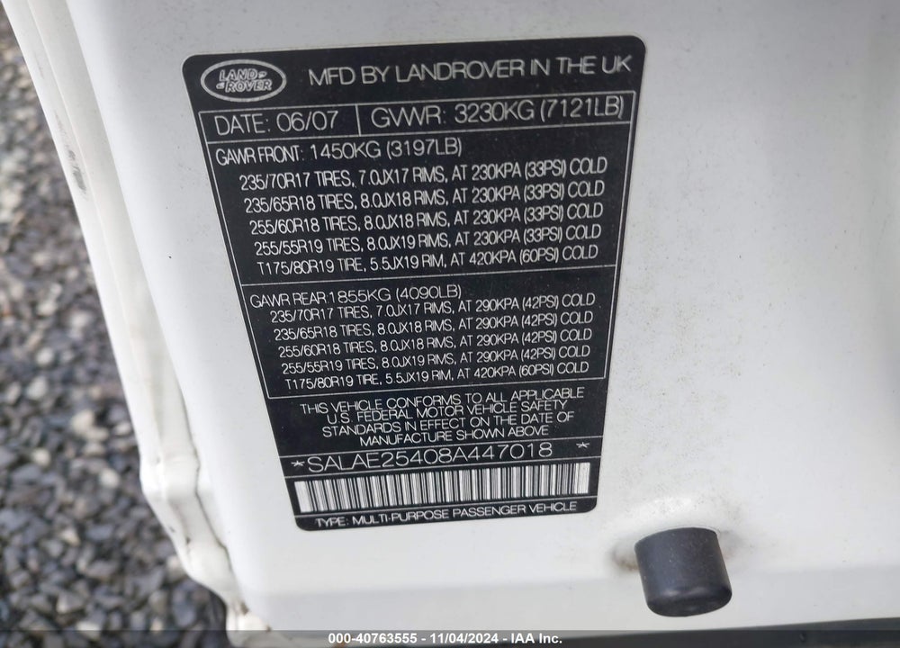 2008 LAND ROVER LR3 VIN: SALAE25408A447018