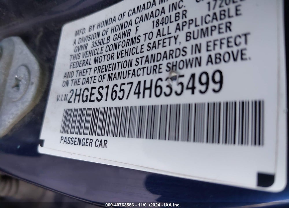 2004 HONDA CIVIC LX VIN: 2HGES16574H635499