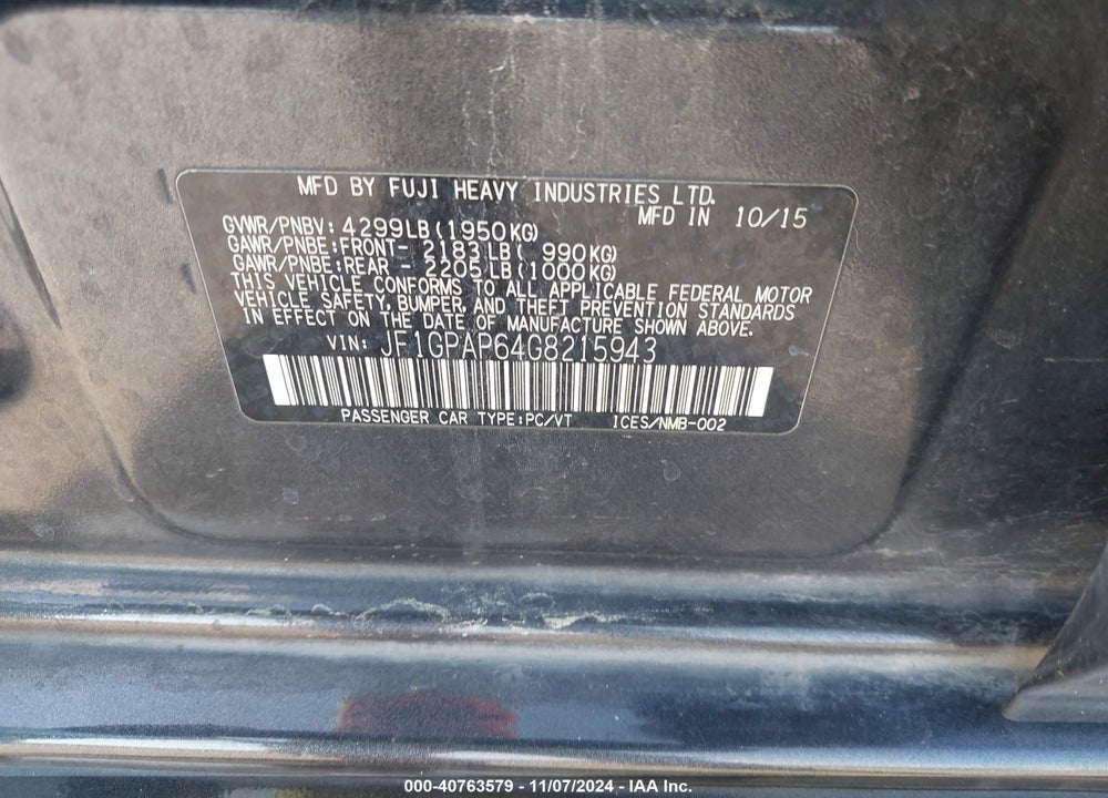2016 SUBARU IMPREZA 2.0I SPORT PREMIUM VIN: JF1GPAP64G8215943