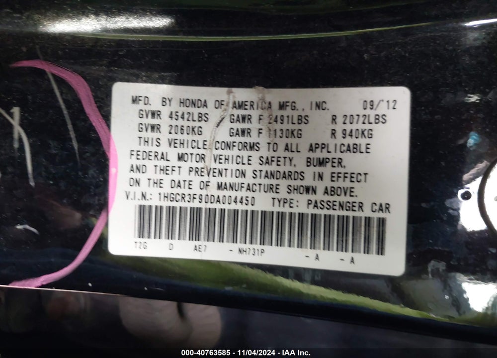 2013 HONDA ACCORD TOURING VIN: 1HGCR3F90DA004450