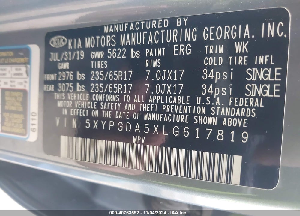 2020 KIA SORENTO 3.3L LX VIN: 5XYPGDA5XLG617819