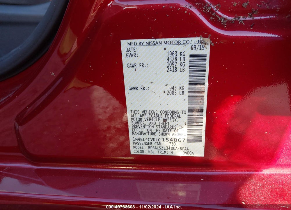 2020 NISSAN ALTIMA SR FWD VIN: 1N4BL4CV0LC154067