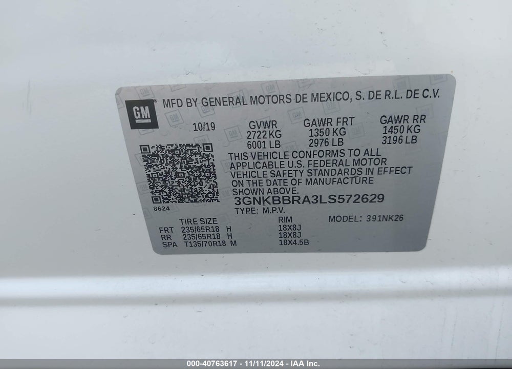 2020 CHEVROLET BLAZER FWD 1LT VIN: 3GNKBBRA3LS572629