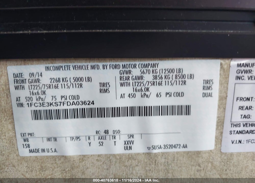 2015 FORD E-350 STRIPPED VIN: 1FC3E3KS7FDA03624