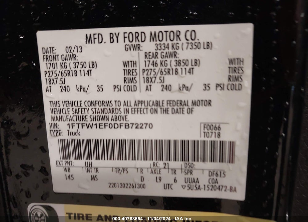 2013 FORD F150 VIN: 1FTFW1EF0DFB72270