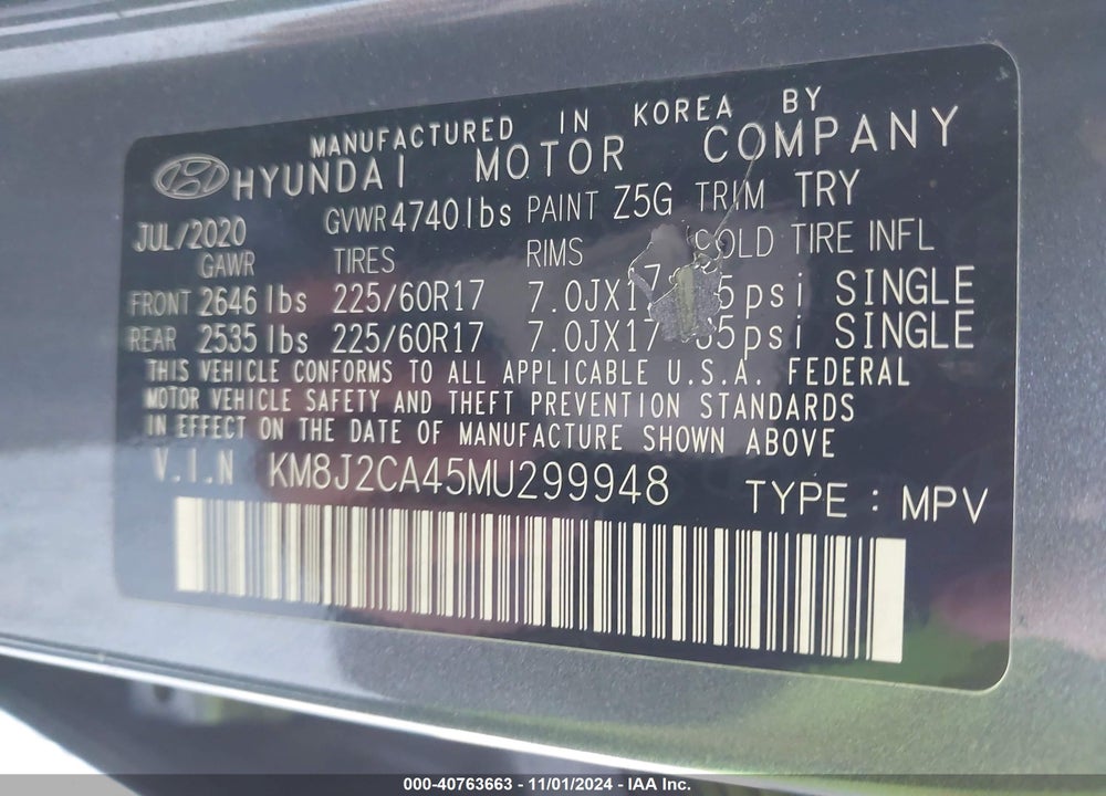 2021 HYUNDAI TUCSON SE VIN: KM8J2CA45MU299948