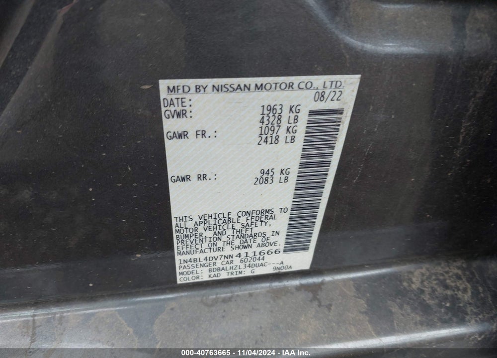 2022 NISSAN ALTIMA VIN: 1N4BL4DV7NN411666