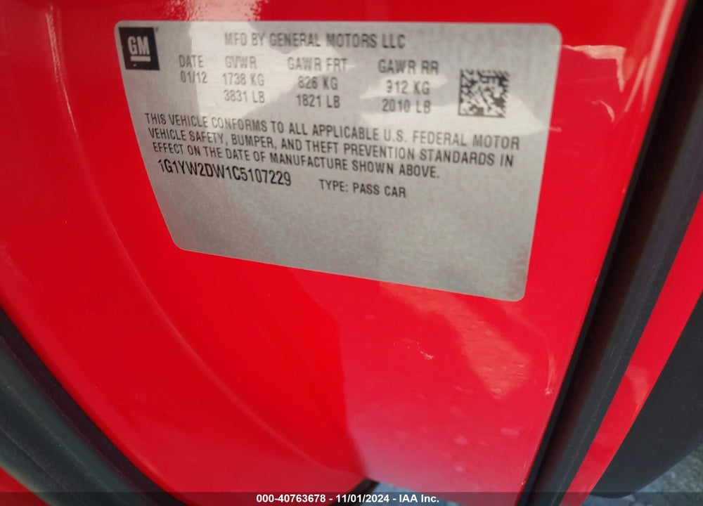 2012 CHEVROLET CORVETTE GRAND SPORT VIN: 1G1YW2DW1C5107229