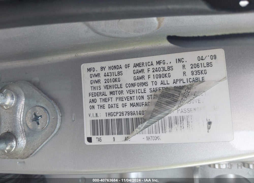 2009 HONDA ACCORD 2.4 EX VIN: 1HGCP26799A140386