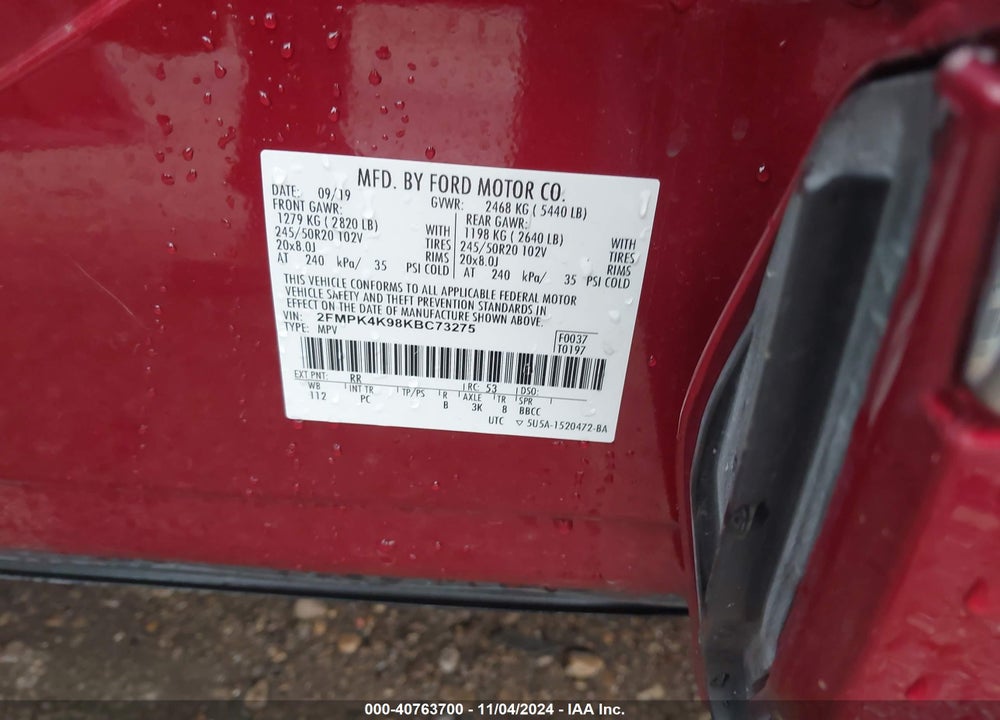 2019 FORD EDGE TITANIUM VIN: 2FMPK4K98KBC73275