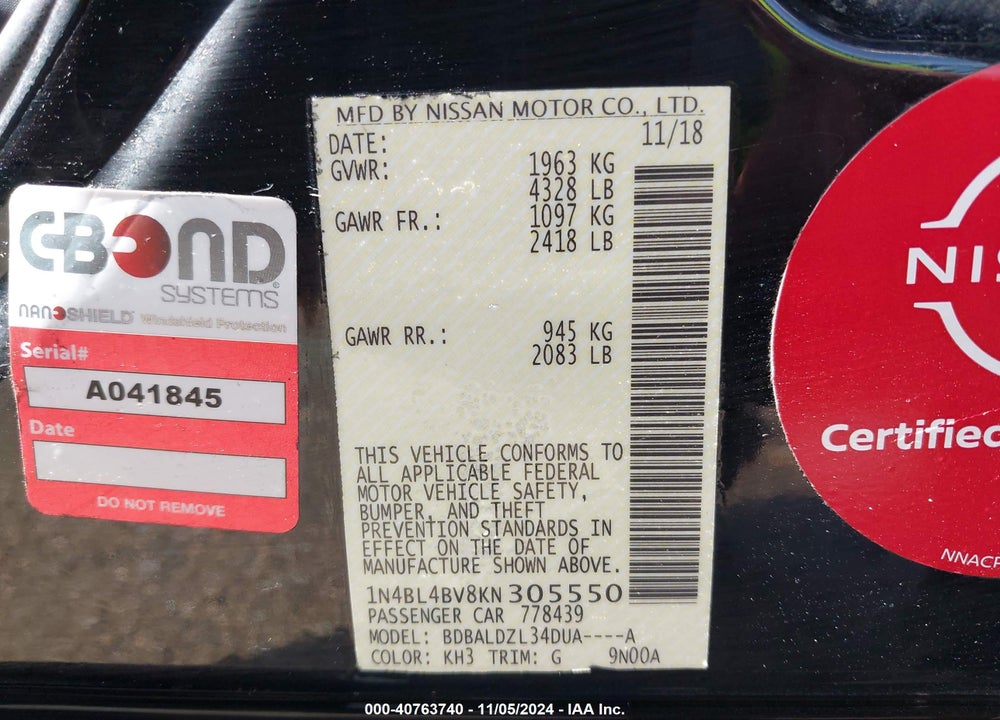 2019 NISSAN ALTIMA VIN: 1N4BL4BV8KN305550