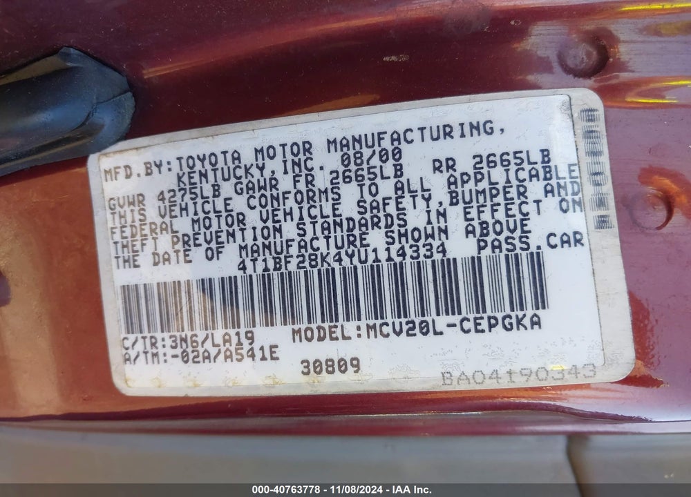 2000 TOYOTA CAMRY XLE V6 VIN: 4T1BF28K4YU114334