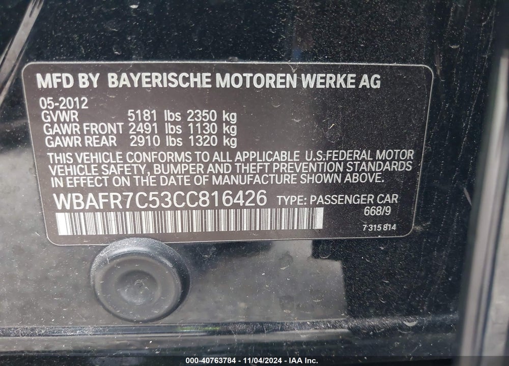 2012 BMW 5 SERIES 535I VIN: WBAFR7C53CC816426