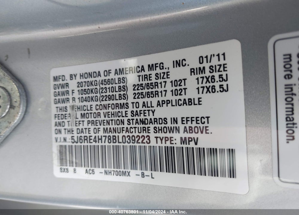 2011 HONDA CR-V EX-L VIN: 5J6RE4H78BL039223