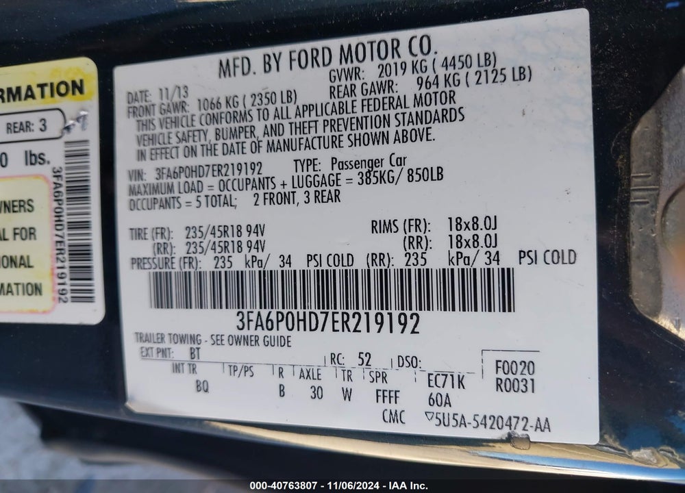 2014 FORD FUSION SE VIN: 3FA6P0HD7ER219192