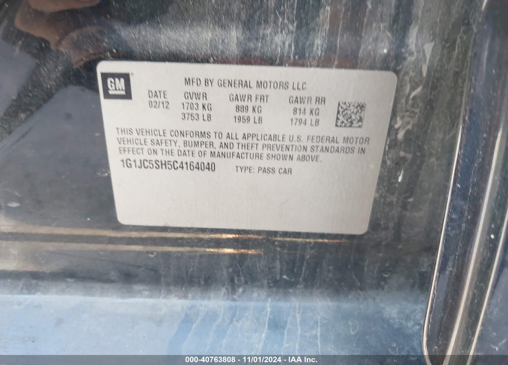 2012 CHEVROLET SONIC 2LT VIN: 1G1JC5SH5C4164040