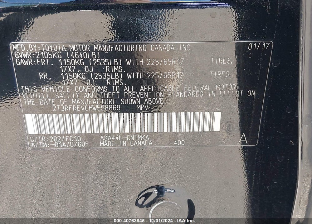 2017 TOYOTA RAV4 XLE VIN: 2T3RFREV0HW598869