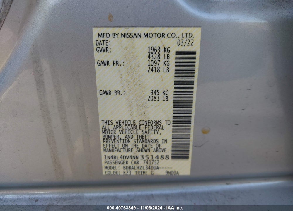 2022 NISSAN ALTIMA SV FWD VIN: 1N4BL4DV4NN351488