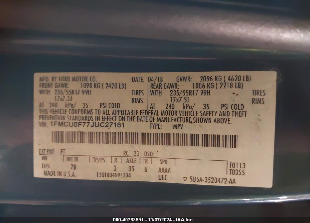 2018 FORD ESCAPE S VIN: 1FMCU0F77JUC27181